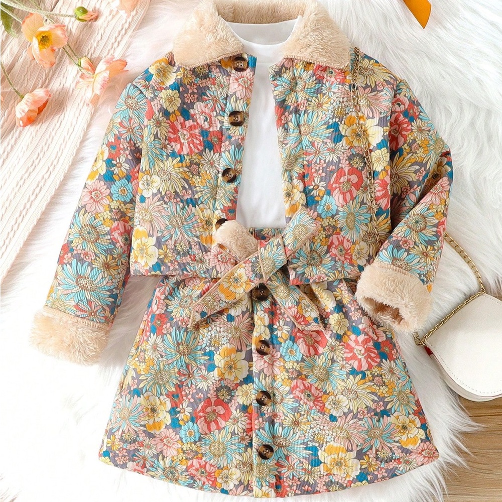 Floral Faux Fur Trimmed Coat and Dress Set